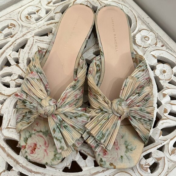 Loeffler Randall BHLDN Daphne Pleated Bow 10 Beige Floral Knotted Slide Flat - Picture 3 of 8